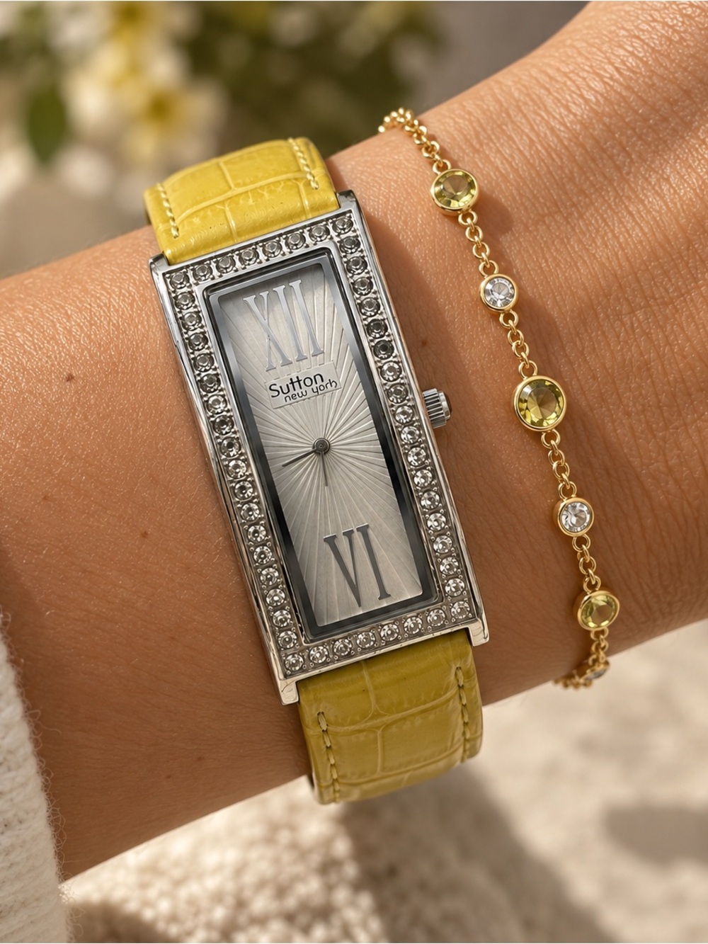 Sutton New York Oversized Tank Watch Rhinestone Bezel Yellow Leather Strap Women
